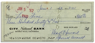 Moe Howard Check Signed to Larry Fine -- Endorsed by Larry on Verso -- Dated 1 January 1962 -- Very Good Condition